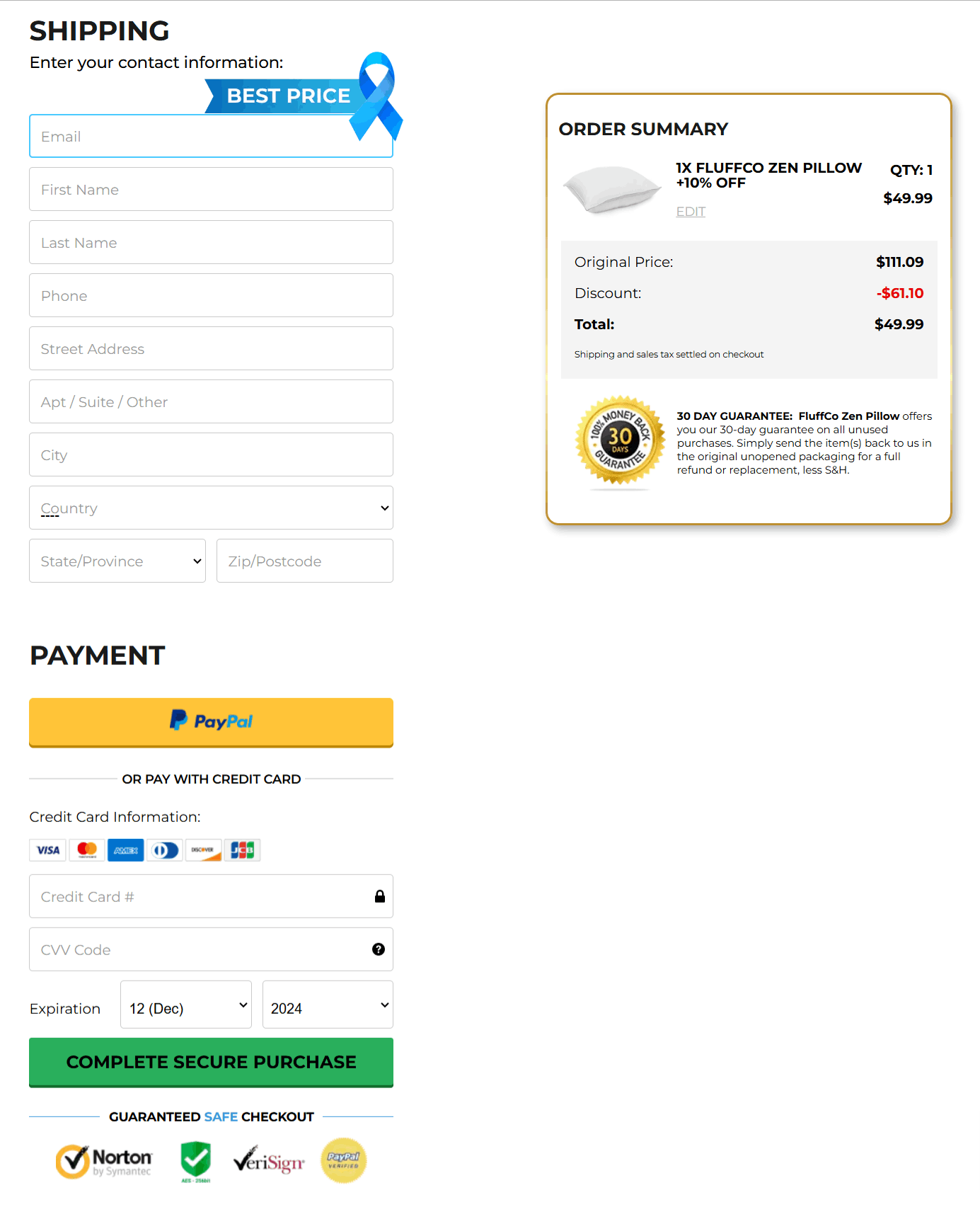fluffco zen pillow checkout page